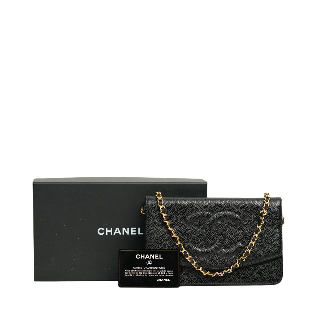 CHANEL 2002-2003 Caviar Skin Coco Mark Chain Wallet/Shoulder Bag