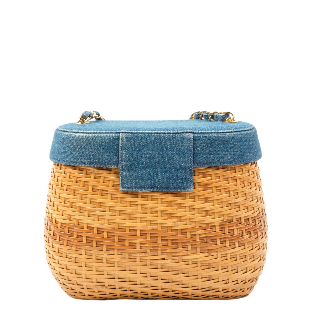 CHANEL 1997–1999 Coco Mark Chain Straw Denim Basket Shoulder Bag