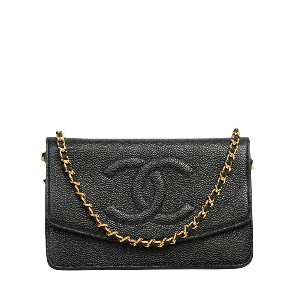CHANEL 2002-2003 Caviar Skin Coco Mark Chain Wallet/Shoulder Bag