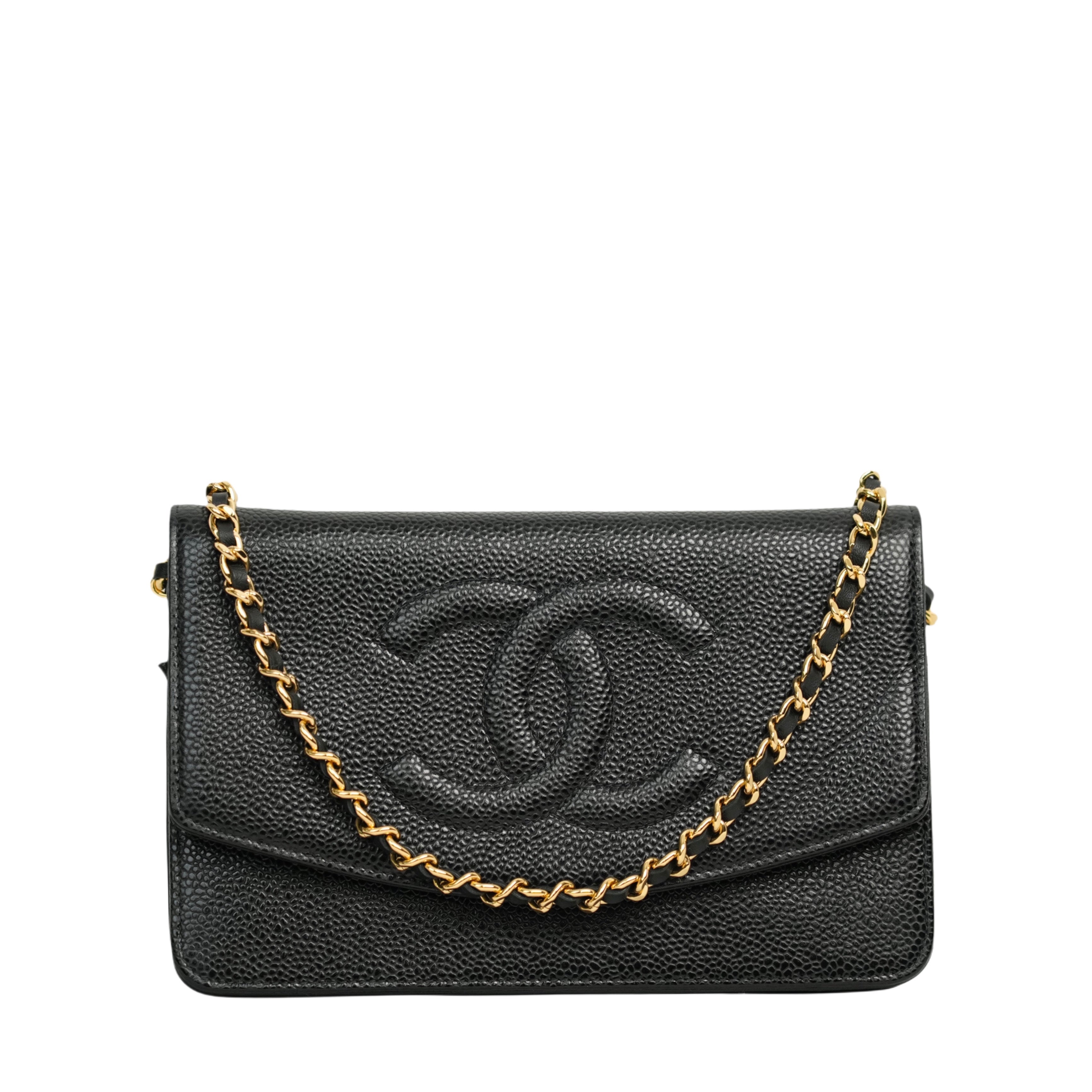 CHANEL 2002-2003 Caviar Skin Coco Mark Chain Wallet/Shoulder Bag