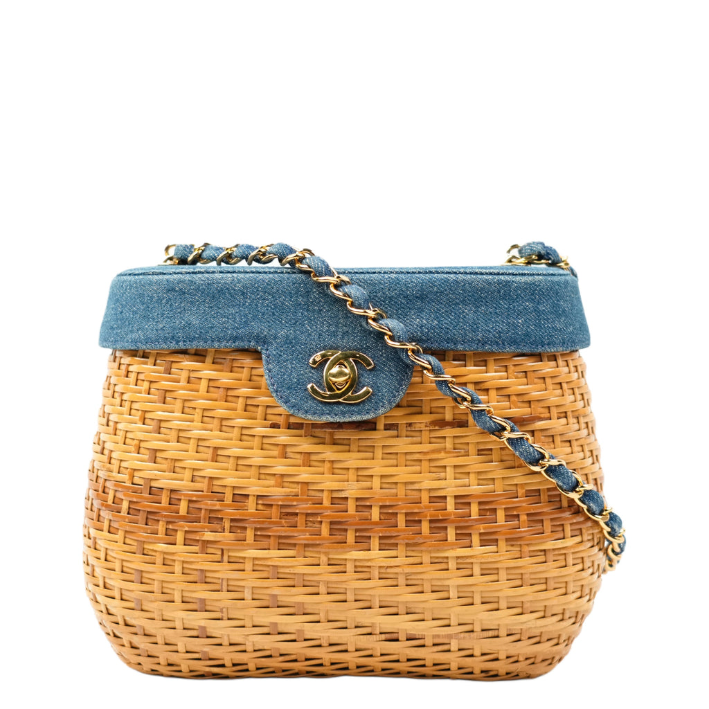 CHANEL 1997–1999 Coco Mark Chain Straw Denim Basket Shoulder Bag