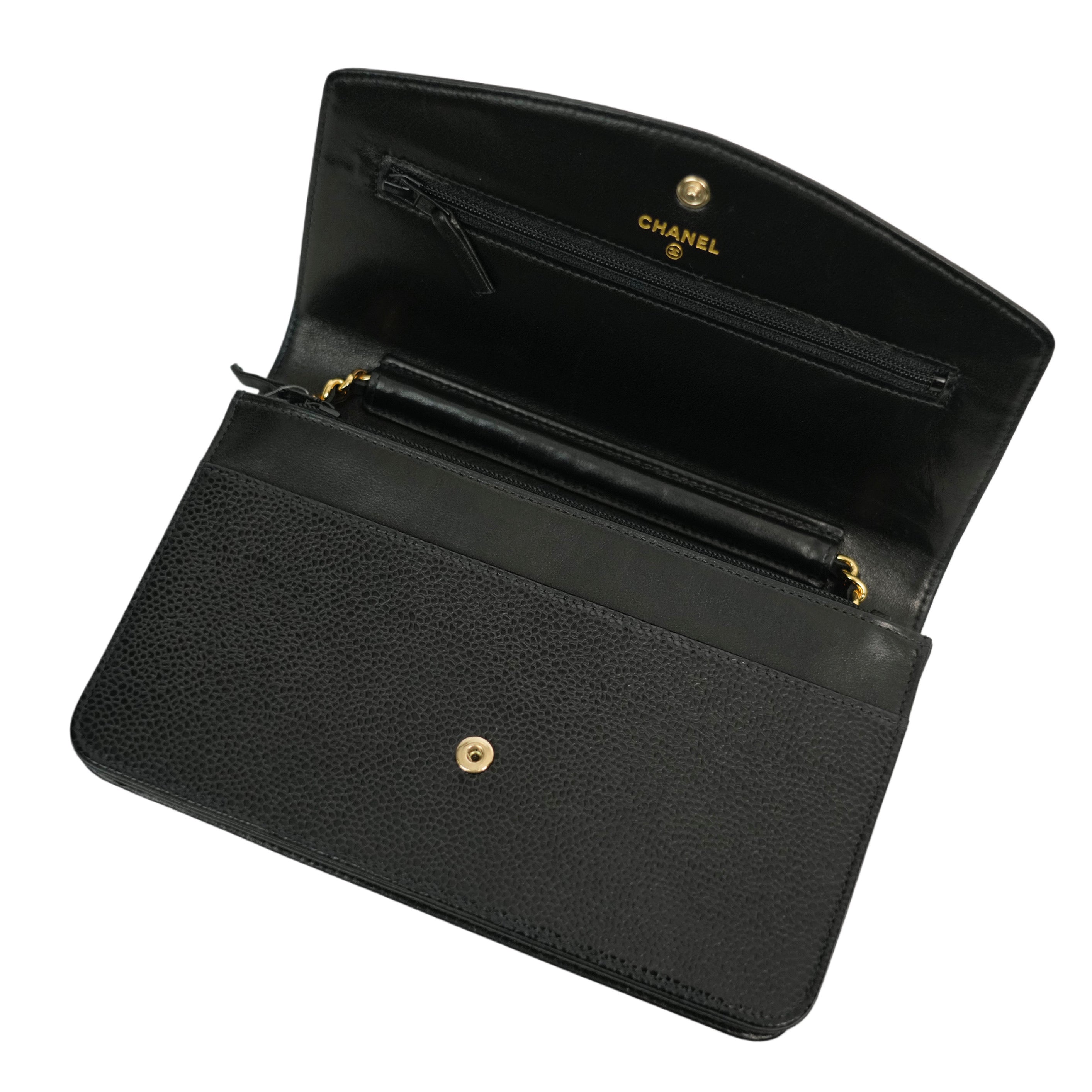 CHANEL 2002-2003 Caviar Skin Coco Mark Chain Wallet/Shoulder Bag